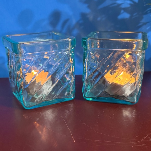 Other - Pair of Vintage Aqua Ribbed Glass Votive Holder, Block Design